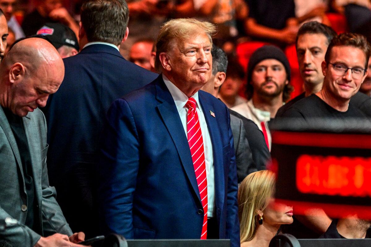 Former President Donald Trump (R), alongside UFC CEO Dana White (L), attends the Ultimate Fighting Championship (UFC) 299 mixed martial arts event at the Kaseya Center in Miami, Fla., on March 9, 2024. (Giorgio Viera/AFP)