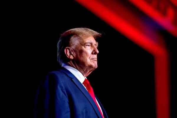 Republican presidential candidate, former U.S. President Donald Trump, stands on stage during the 2024 NRB International Christian Media Convention Presidential Forum on Feb. 22, 2024, in Nashville, Tennessee. (Jon Cherry/Getty Images)