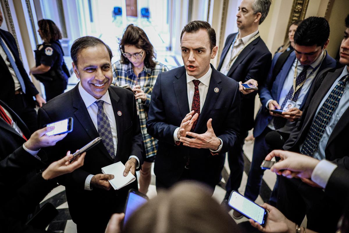 (Top) Rep. Raja Krishnamoorthi (D-Ill.) (L) and Rep. Mike Gallager (R-Wis.) talk with reporters after the House voted to ban TikTok if it remains under Chinese ownership, at the U.S. Capitol on March 13, 2024. (Bottom) A person arrives at the offices of TikTok in Culver City, Calif., on March 13, 2024. (Chip Somodevilla/Getty Images, Mike Blake/Reuters/File Photo)