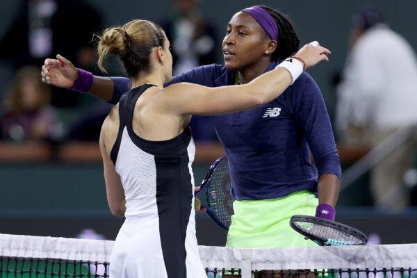 Maria Sakkari of Greece is congratulated by Coco Gauff of the United States after their matchduring the Women's Semifinals of the BNP Paribas Open in Indian Wells, Calif., on March 15, 2024. (Matthew Stockman/Getty Images)