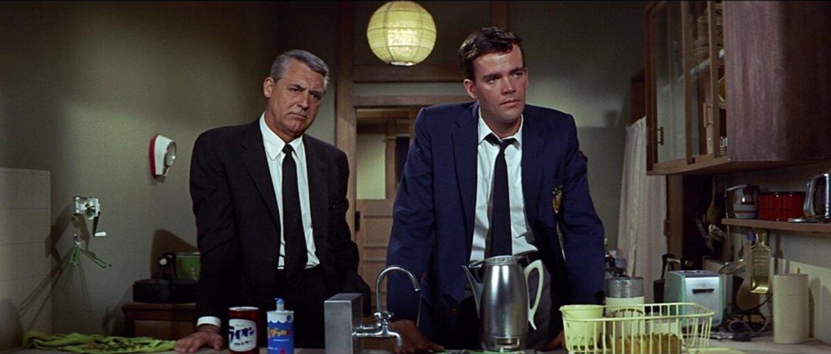 Sir William Rutland (Cary Grant, L) and Steve Davis (Jim Hutton), in "Walk, Don't Run." (Columbia Pictures)