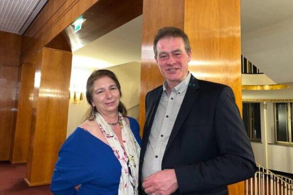 Heike Hansen von Hardenberg (L) and Dr. Jens Bartram at the Shen Yun Performing Arts performance at Oper Leipzig on March 9, 2024. (An Ran/The Epoch Times)