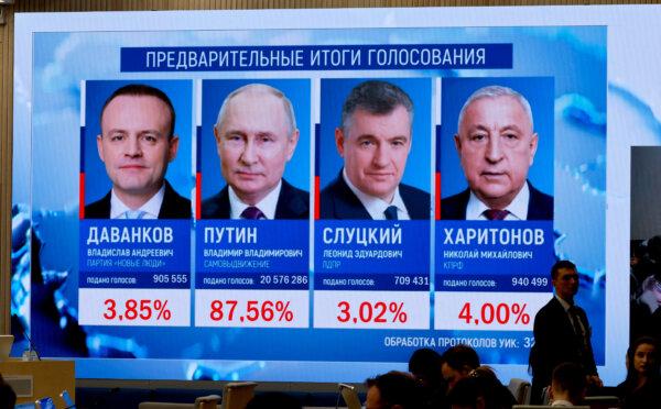 Preliminary results of the presidential election are displayed at the headquarters of Russia's Central Election Commission in Moscow, Russia, on March 17, 2024. (Shamil Zhumatov/Reuters)