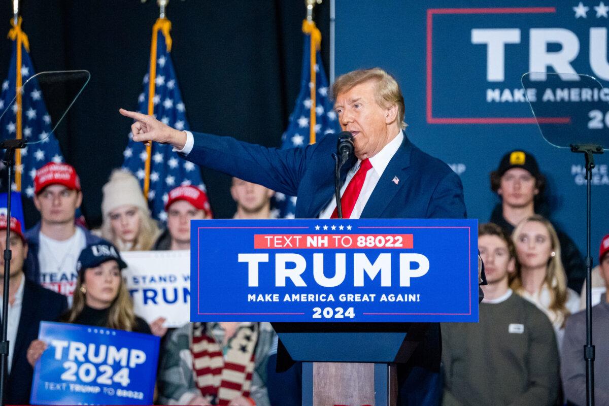 Republican presidential candidate and former President Donald J. Trump speaks at a rally in Manchester, N.H., on Jan. 20, 2024. (Madalina Vasiliu/The Epoch Times)