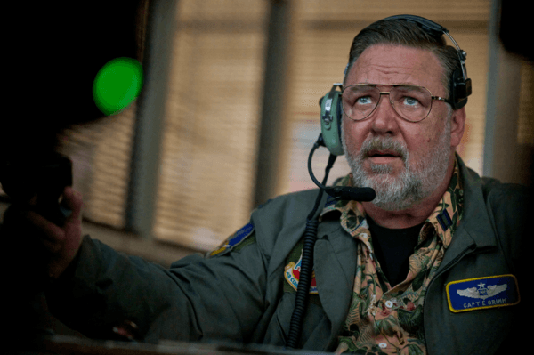 AF Capt. Eddie “Reaper” Grimm (Russell Crowe) getting ready to rain down hellfire on the enemy, in "Land of Bad." (The Avenue/Variance Films)