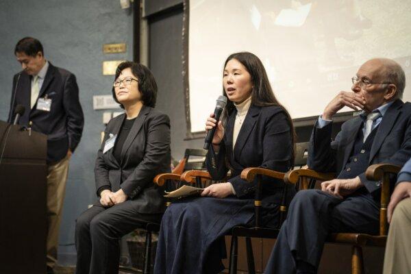 (L-R) Moderator Erping Zhang; producer Cindy Song; Han Yu, daughter of organ harvesting victim; David Matas, international human rights lawyer at an event on forced organ harvesting at the Harvard University in Boston, Mass., on March 7, 2024. (Samira Bouaou/The Epoch Times)