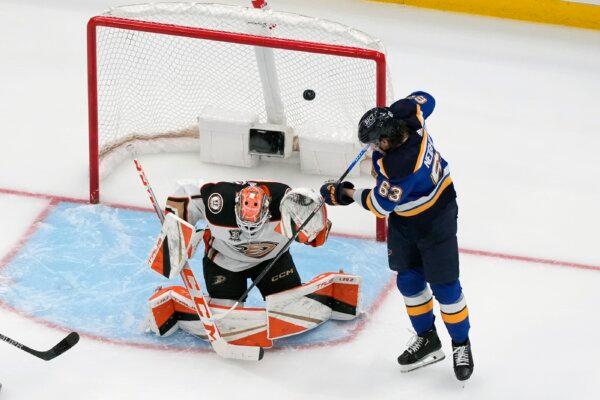St. Louis Blues' Jake Neighbours (63) scores past Anaheim Ducks goaltender Lukas Dostal during the third period of an NHL hockey game in St. Louis on March 17, 2024. (Jeff Roberson/AP Photo)