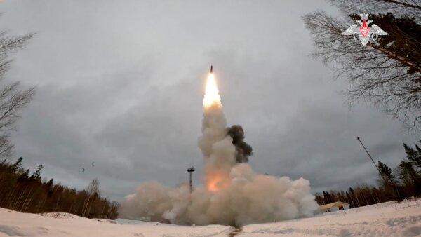 A Yars intercontinental ballistic nuclear missile is fired during training from Plesetsk cosmodrome in Northern Arkhangelsk region, Russia. (Russian Defence Ministry/Handout via Reuters)