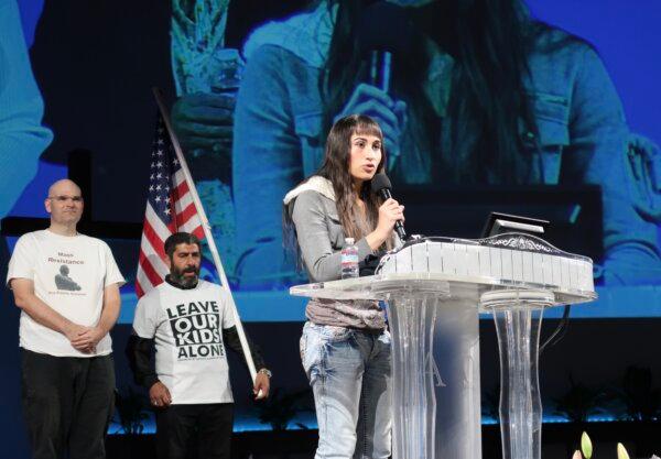Chloe Cole speaks at the Time to Stand rally at the Glory Church in Los Angeles on March 16, 2024. (Sophie Li/The Epoch Times)