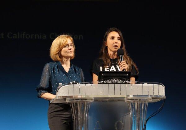 (L-R) Jennifer Kennedy and Nicole Pearson speak at the Time to Stand rally at the Glory Church in Los Angeles on March 16, 2024. (May He/The Epoch Times)