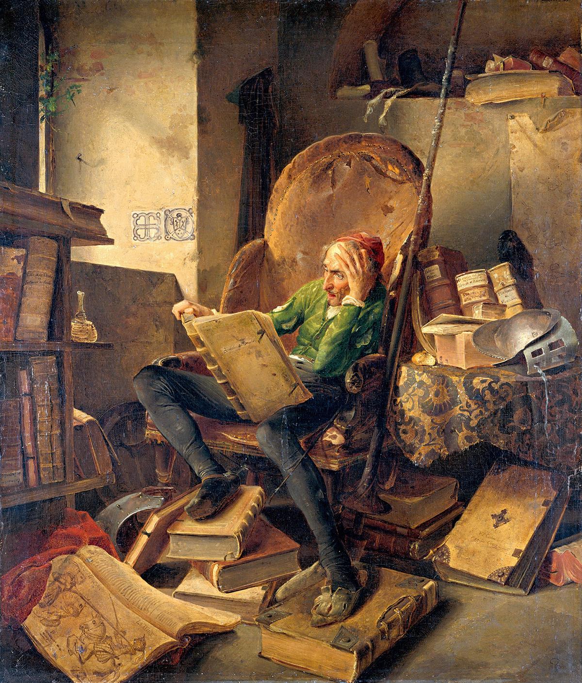 Don Quixote reading in his armchair, 1834, by Adolf Schrödter. Oil on canvas. Alte Nationalgalerie, Berlin. (Public Domain)