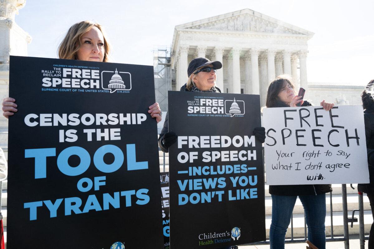 Conservative demonstrators, who allege that the government pressured or colluded with social media platforms to censor right-leaning content under the guise of fighting misinformation, protest outside the U.S. Supreme Court in Washington on March 18, 2024, as the Court hears oral arguments in the case of Murthy v. Missouri. (Saul Loeb/AFP via Getty Images)