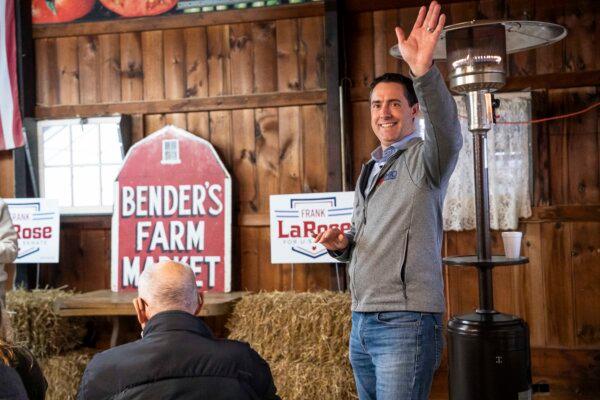 Frank LaRose, Ohio Republican candidate for U.S. Senate, speaks during an event ahead of the primary at the Bender's Farm in Copley, Ohio, on March 18, 2024. (Madalina Vasiliu/The Epoch Times)