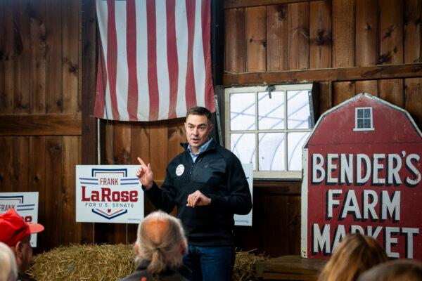 Chris Banweg, Ohio Republican candidate for the House of Representatives, speaks during an event ahead of the primary at the Bender's Farm in Copley, Ohio, on March 18, 2024. (Madalina Vasiliu/The Epoch Times)