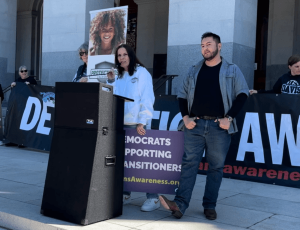 Attorney Erin Friday (L) with detransitioner Abel Garcia at the Detrans Awareness rally in Sacramento, Calif., on March 14, 2024. (Courtesy of Protect Kids California)