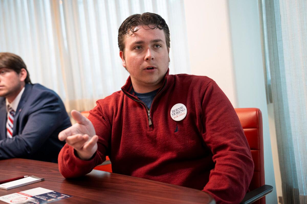 Hayden Ferguson, a campaign staffer, speaks with The Epoch Times at the Republican Party of Cuyahoga County in Independence, Ohio, on March 19, 2024. (Madalina Vasiliu/The Epoch Times)