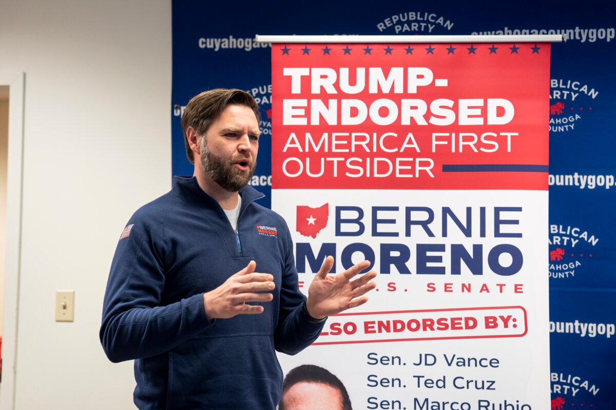 Sen. JD Vance (R-Ohio) speaks at the Republican Party of Cuyahoga County in Independence, Ohio, on March 19, 2024. (Madalina Vasiliu/The Epoch Times)