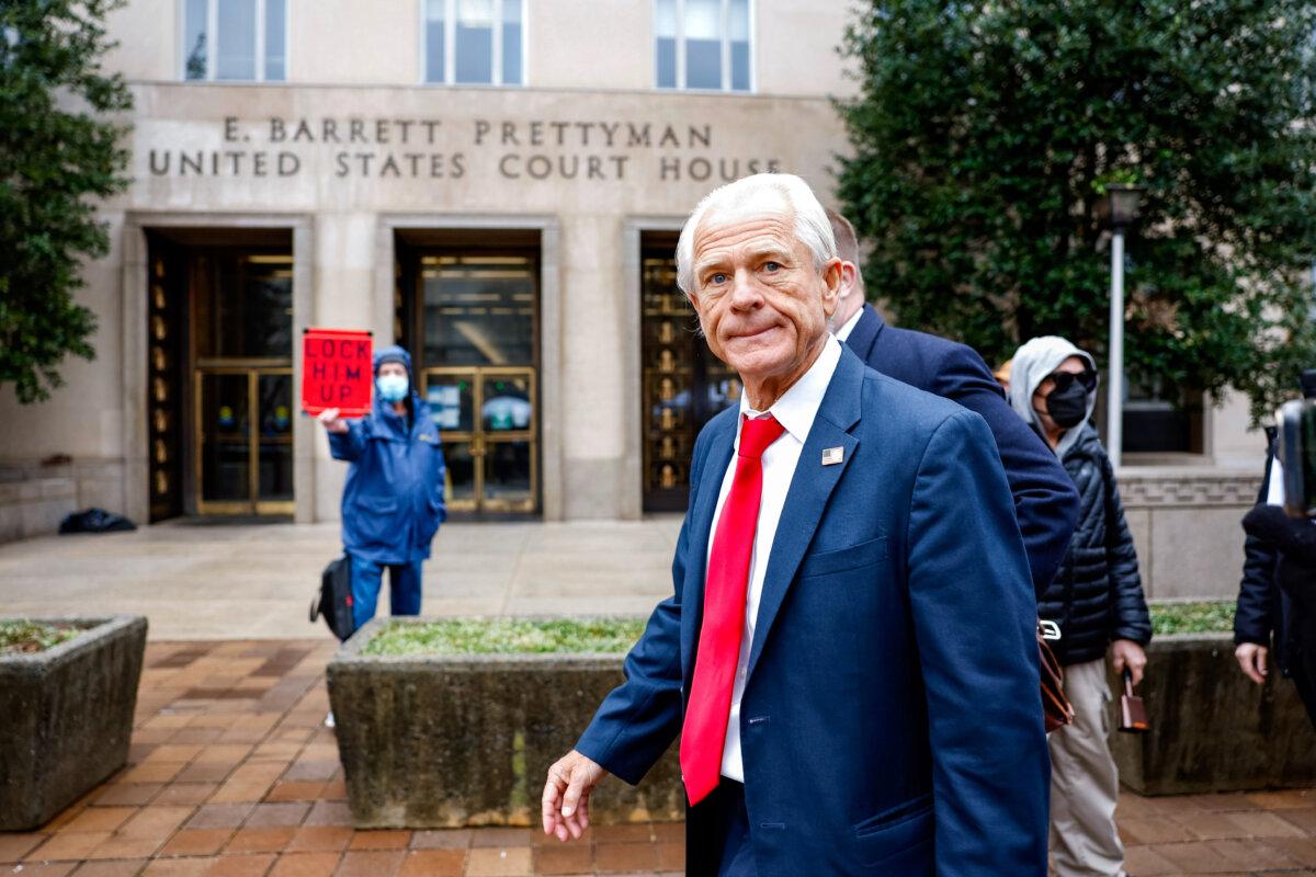 Peter Navarro, a former adviser to former President Donald Trump, departs the E. Barrett Prettyman Courthouse in Washington on Jan. 25, 2024. (Anna Moneymaker/Getty Images)