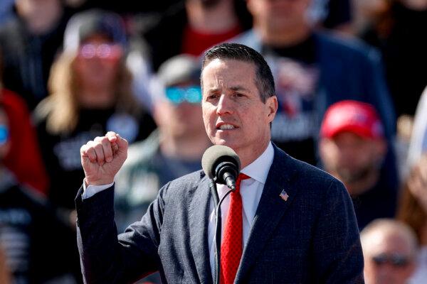 U.S. Senate candidate Bernie Moreno, a Republican, speaks before former President Donald Trump takes the stage during a Buckeye Values PAC Rally in Vandalia, Ohio, on March 16, 2024. (Kamil Krzaczynski/AFP via Getty Images)