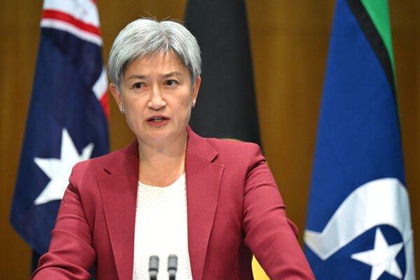 Australian Foreign Minister Penny Wong speaks to the media after holding a bilateral meeting with Chinese Communist Party (CCP) Foreign Minister Wang Yi at Parliament House, in Canberra, Australia on March 20, 2024. (AAP Image/Lukas Coch)