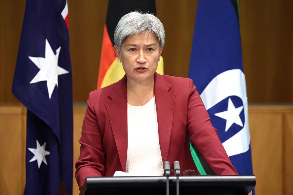 Australia's Foreign Minister Penny Wong speaks during a press conference after bilateral talks with Beijing's Foreign Minister Wang Yi at Parliament House in Canberra, Australia on March 20, 2024. (David Gray/AFP via Getty Images)