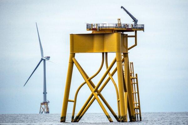 A wind turbine at the Seagreen Offshore Wind Farm, under construction around 27 kilometres from the coast of Montrose, Angus, Scotland, in the North Sea, on June 8, 2023. (Andy Buchanan/AFP via Getty Images)
