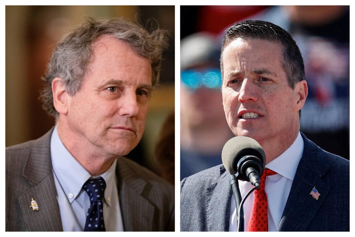 (Left) Sen. Sherrod Brown (D-Ohio). (Right) US Senate candidate Bernie Moreno. (Samuel Corum, Kamil Krzaczynski/AFP via Getty Images)