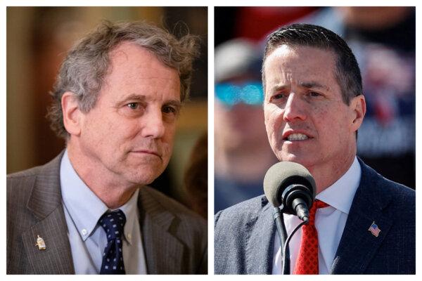 (Left) Sen. Sherrod Brown (D-Ohio). (Right) U.S. Senate candidate Bernie Moreno. (Samuel Corum, Kamil Krzaczynski/AFP via Getty Images)