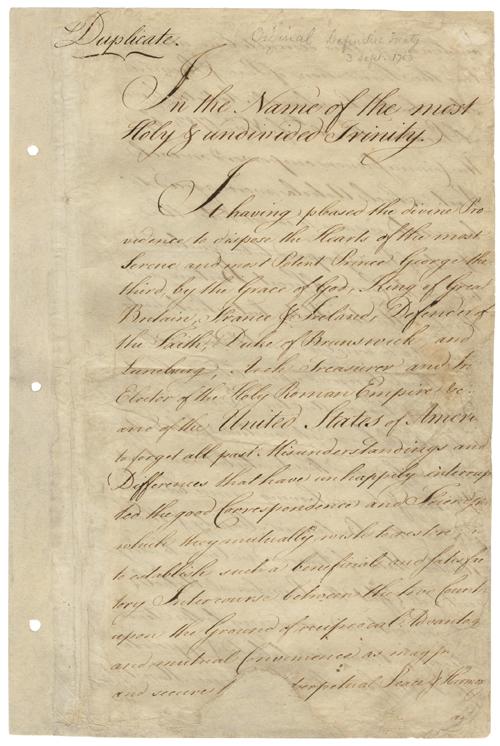 First page of the Treaty of Paris, signed in 1783, which forced Britain to recognize the United States as a country. (Public Domain)