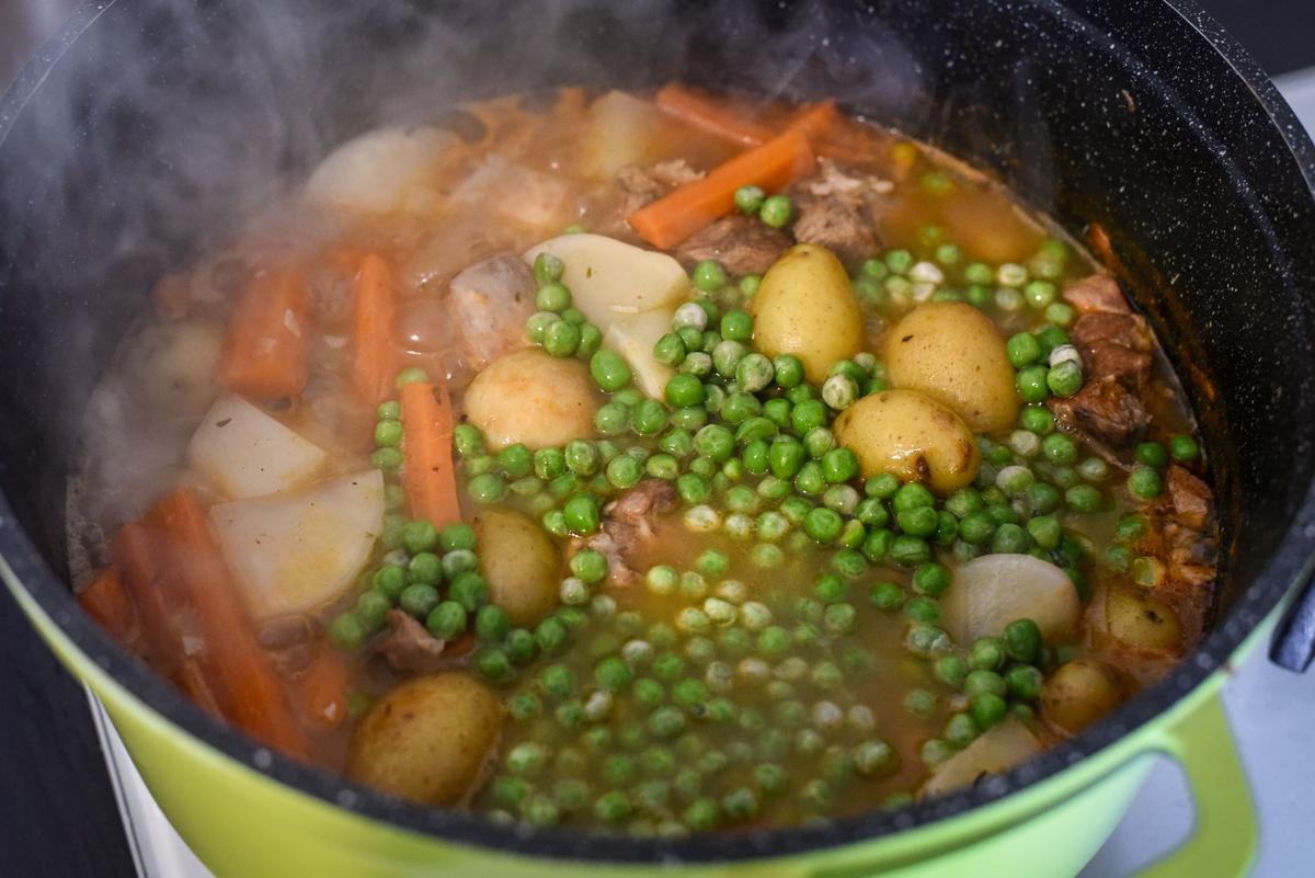 Peas should be the last vegetable added, just a few minutes before serving, to avoid overcooking them. (Audrey Le Goff)