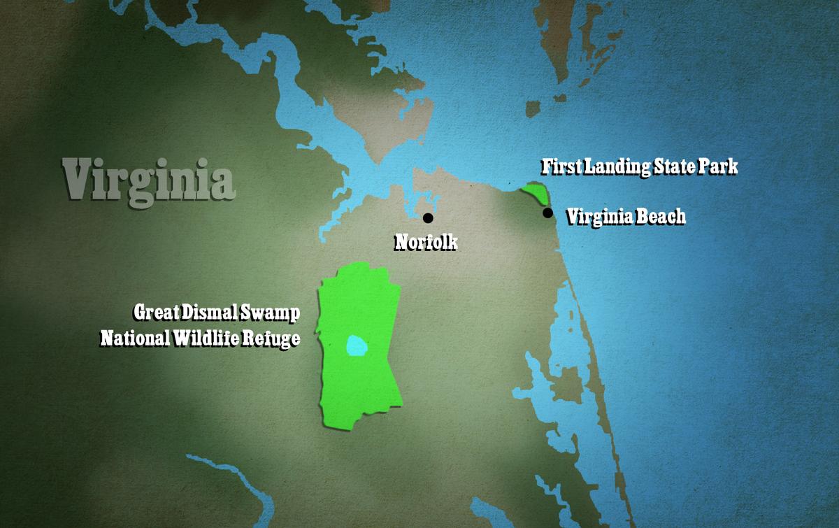 Map of Virginia, showing the Great Dismal Swamp National Wildlife Refuge and First Landing State Park. (An illustration image designed by The Epoch Times)