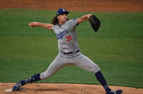 Los Angeles Dodgers' pitcher Tyler Glasnow pitches during the second inning of the 2024 MLB Seoul Series baseball game between Los Angeles Dodgers and San Diego Padres in Seoul on March 20, 2024. (Jung Yeon-je/AFP via Getty Images)