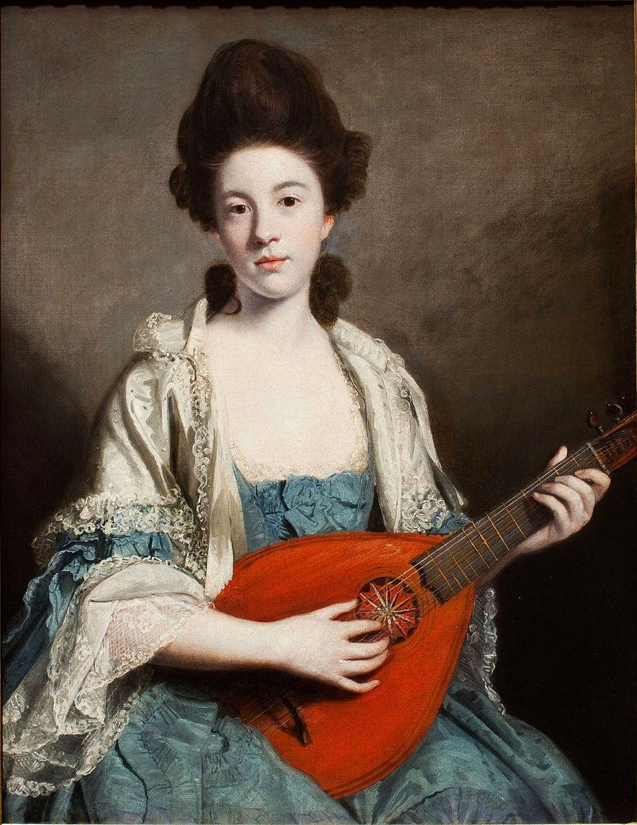 A portrait of Phillis Hurrell, 1762, by Joshua Reynolds. She holds a cittern, the same instrument that Bach's distant ancestor played in between milling and baking. (Public Domain)