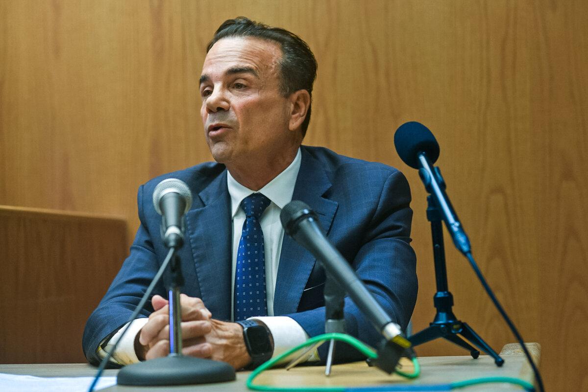 Bridgeport Mayor Joe Ganim testifies in Bridgeport, Conn., on Oct. 17, 2023. (Ned Gerard/Hearst Connecticut Media via AP)