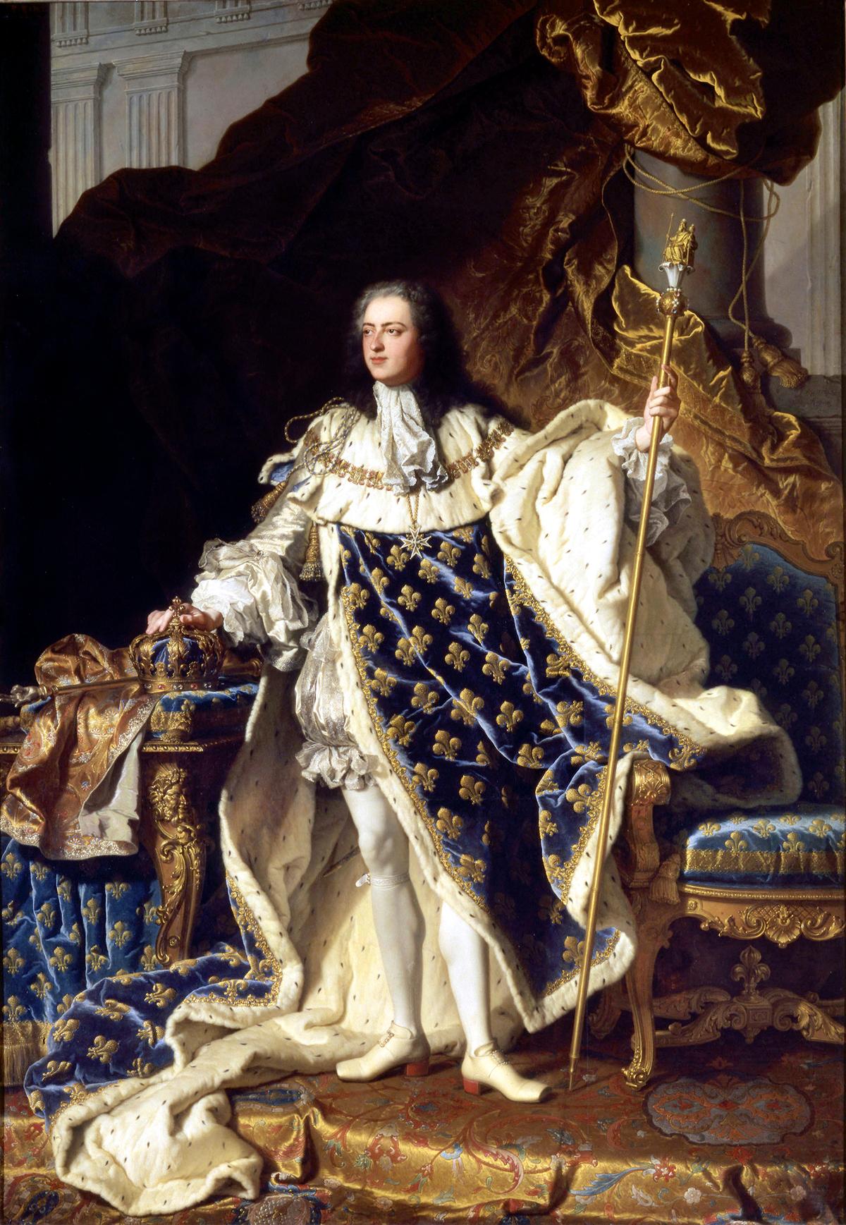 "Louis XV in Coronation Robes," 1730, by Hyacinthe Rigaud. Oil on canvas. Palace of Versailles, France. (Public Domain