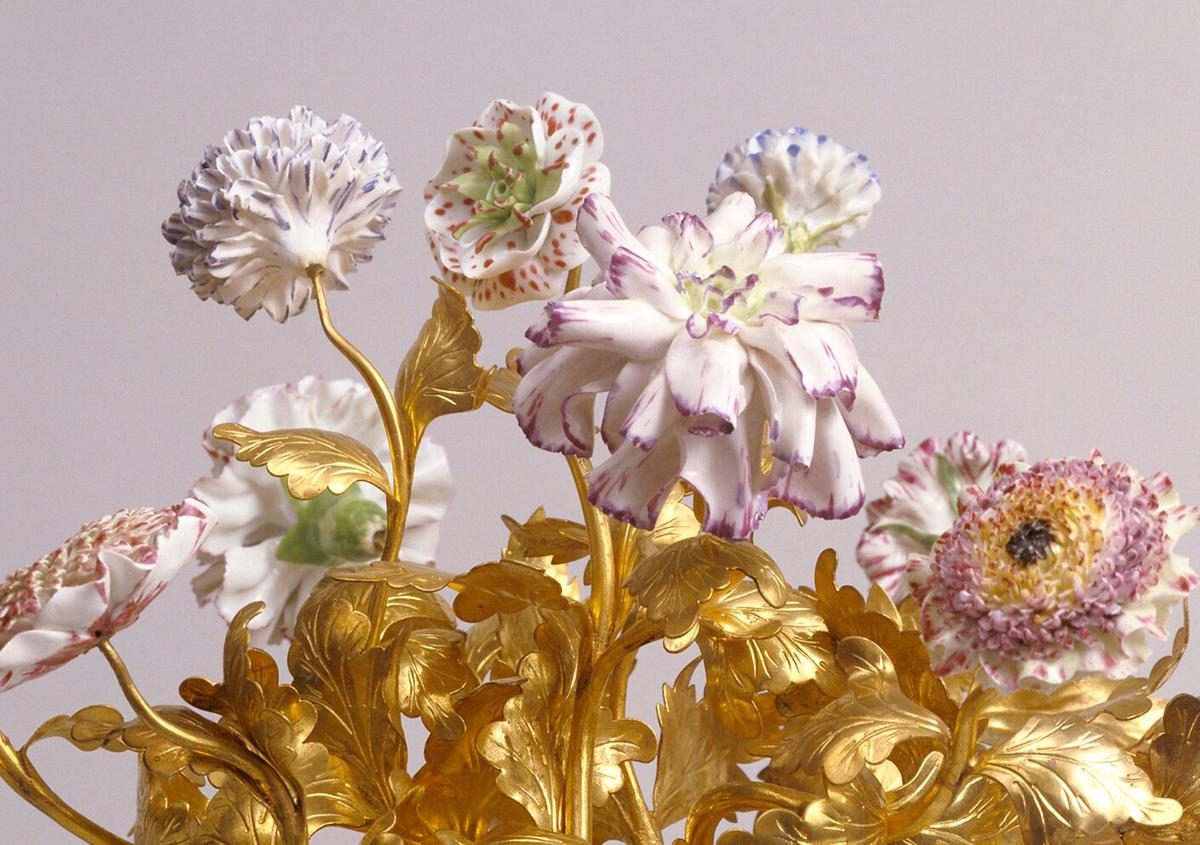 A detail of the Vincennes Porcelain Manufactory flowers from a pair of mounted vases with flowers. (Public Domain)