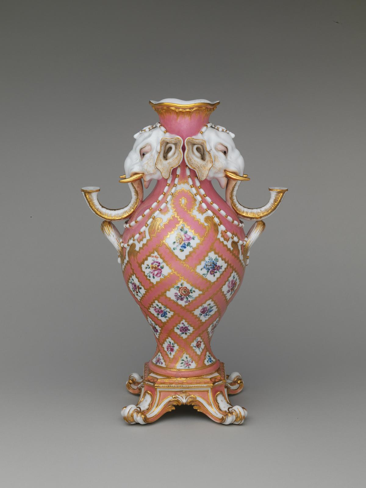 A vase with elephant heads (one of a pair), circa 1758, by Jean-Claude Duplessis from the Sèvres Manufactory. The Metropolitan Museum of Art, New York City. (Public Domain)