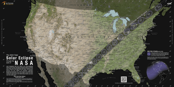 A graphic visualization of the path of totality and partial contours crossing the U.S. for the 2024 total solar eclipse occurring on April 8, 2024. (Courtesy of NASA's Scientific Visualization Studio)
