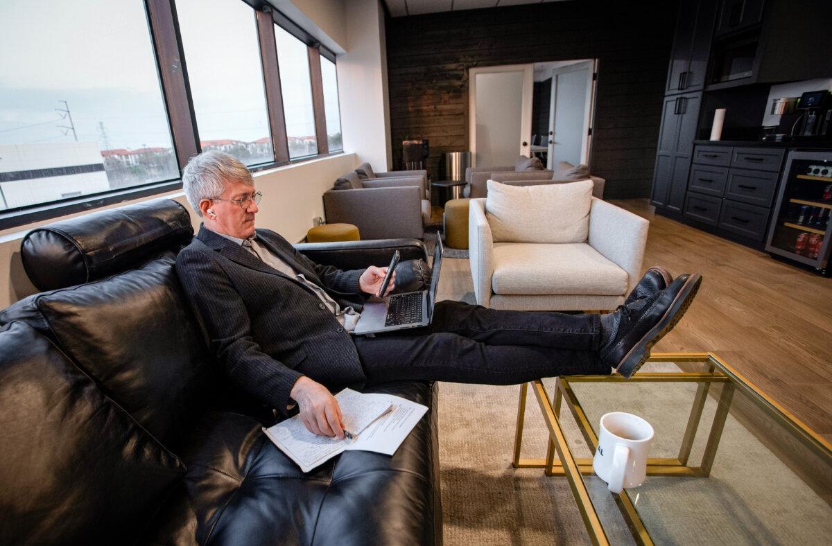 Steve Baker of Blaze News works at his “spot” at the Mercury One Studios in Irving, TX. March 5, 2024. Baker was recently arrested by the FBI for misdemeanors related to Jan 6, 2021. (Bobby Sanchez for The Epoch Times)