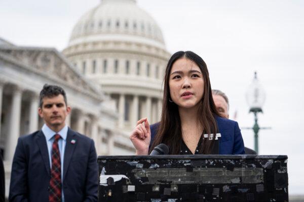 Frances Hui of the Committee for Freedom in Hong Kong Foundation speaks during a press conference discussing the implications of the Safeguarding National Security Bill (Article 23 legislation) at the House Triangle near the U.S. Capitol building in Washington on March 22, 2024. (Madalina Vasiliu/The Epoch Times)