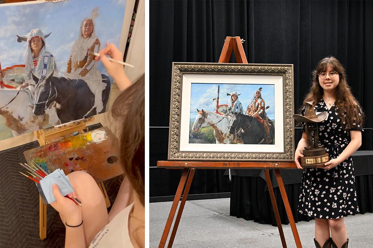 Ms. Hoffman working on and presenting her grand prize-winning painting for the Houston Livestock Show and Rodeo in 2024. (Courtesy of The Hoffmans)