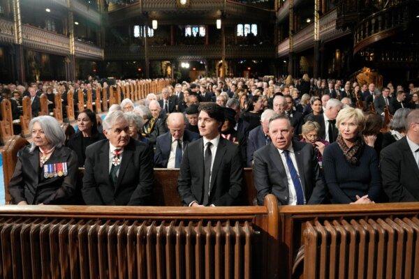 (L–R) Gov-Gen. Mary Simon, her husband Whit Fraser, Prime Minister Justin Trudeau, Quebec Premier Francois Legault, and his wife Isabelle Brais, at the funeral of former prime minister Brian Mulroney, in Montreal on March 23, 2024. (The Canadian Press/Ryan Remiorz)