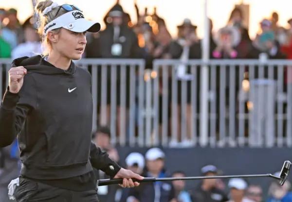 Nelly Korda reacts after winning the LPGA Drive On Championship in Bradenton, Fla., on Jan. 28, 2024. (Thomas Bender/Herald-Tribune via Field Level Media)