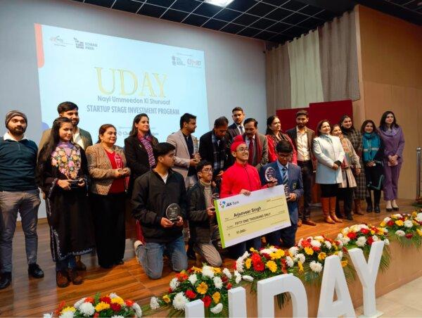 Young innovators and entrepreneurs are honored at the first Uday Startup Summit in Jammu, India, on Jan. 20, 2024. (Venus Upadhayaya/Epoch Times)