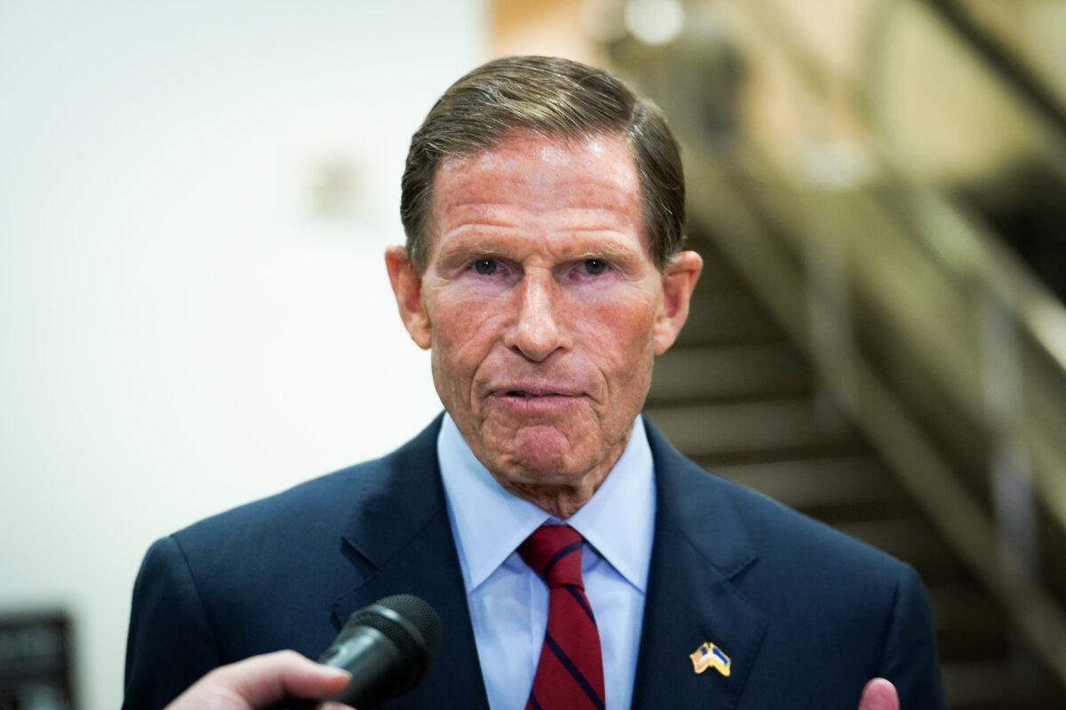 Sen. Richard Blumenthal speaks with reporters during a press conference at the Capitol, on July 11, 2023. (Madalina Vasiliu/The Epoch Times)