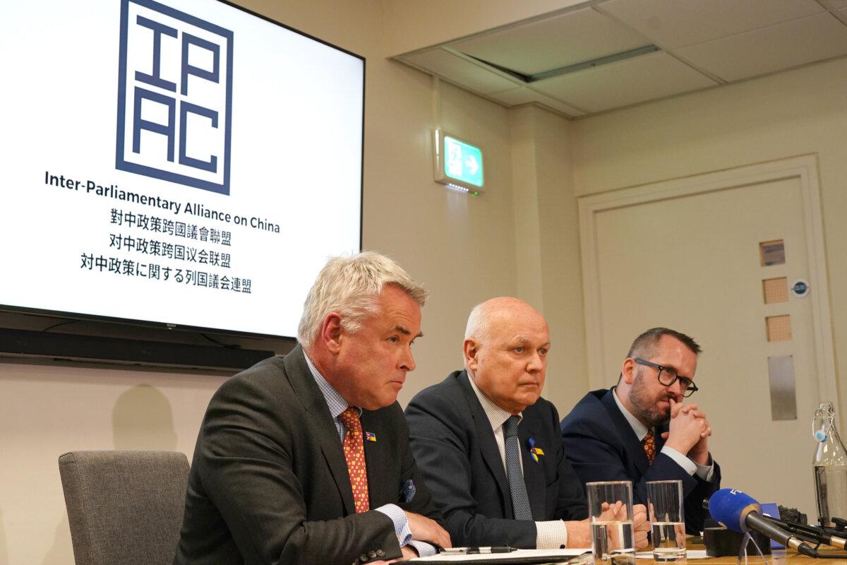 (L-R) MP Tim Loughton, Sir Iain Duncan Smith, and MP Stewart McDonald during a press conference at the Centre for Social Justice in central London on March 25, 2024. (Jordan Pettitt/PA Wire)