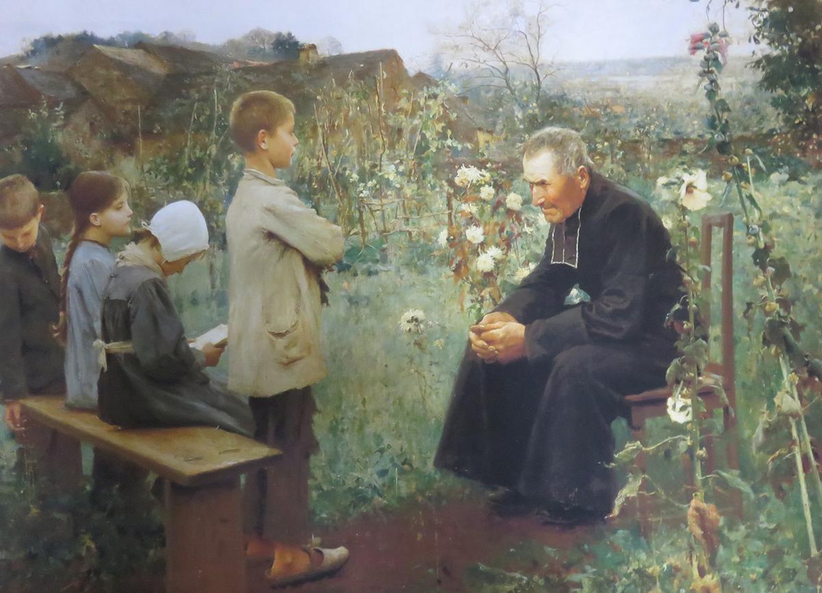 "The Catechism Lesson," 1890, by Jules-Alexis Muenier. Oil on canvas. Musee des Beaux-Arts, France. (<a href="https://commons.wikimedia.org/wiki/File:Presbyt%C3%A8re_de_Remoray_-_Jules-Alexis_Muenier_-_La_Le%C3%A7on_de_cat%C3%A9chisme.jpg" target="_blank" rel="nofollow noopener">Arnaud 25</a>/<a href="https://creativecommons.org/licenses/by-sa/4.0/deed.en" target="_blank" rel="nofollow noopener">CC BY-SA 4.0 DEED</a>)