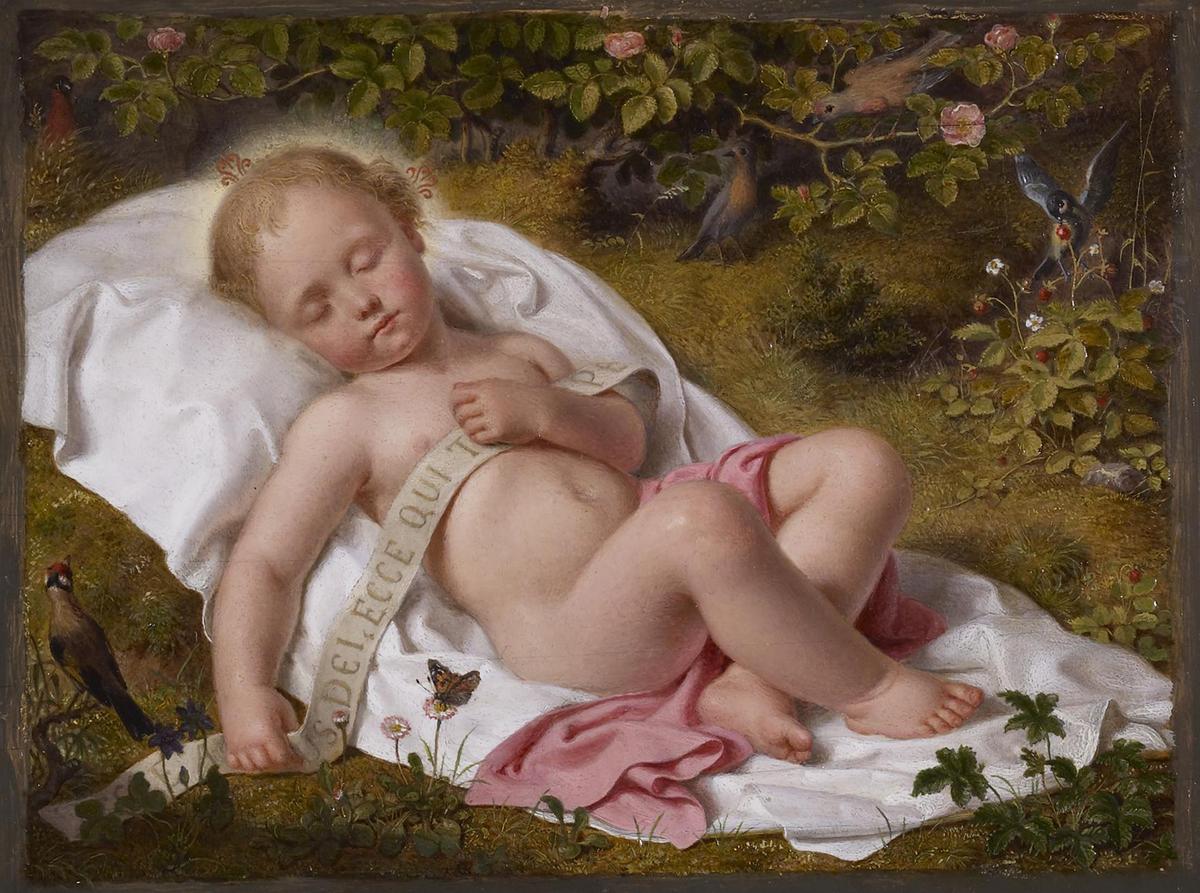 The infant Christ is surrounded by flora and fauna representing Christian symbolism: a rosebush for martyrdom, a strawberry for righteousness, violets for humility, wheat for human nature, and daisies for innocence. “The Christ Child,” 1849, by Andreas Müller. Oil on panel. Walters Art Museum, Baltimore. (Public Domain)