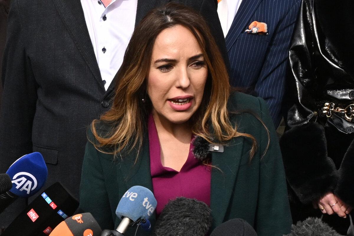 Stella Assange, the wife of Julian Assange, speaks to the media outside the Royal Courts of Justice in London, on March 26, 2024. (Leon Neal/Getty Images)