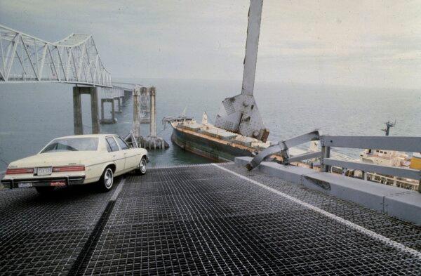 A car is halted at the edge of the Sunshine Skyway Bridge across Tampa Bay, Fla., on May 9, 1980, after a freighter struck the bridge during a thunderstorm and tore away a large part of the span. (Jackie Green/AP Photo)
